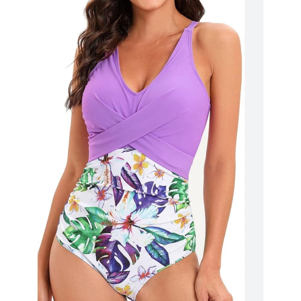 Women's NWOT Size Medium Tummy Control Front Cross Swimsuit V Neck Swimwear